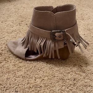 naughty monkey Taupe Suede Fringe Peep-Toe Wedge Bootie